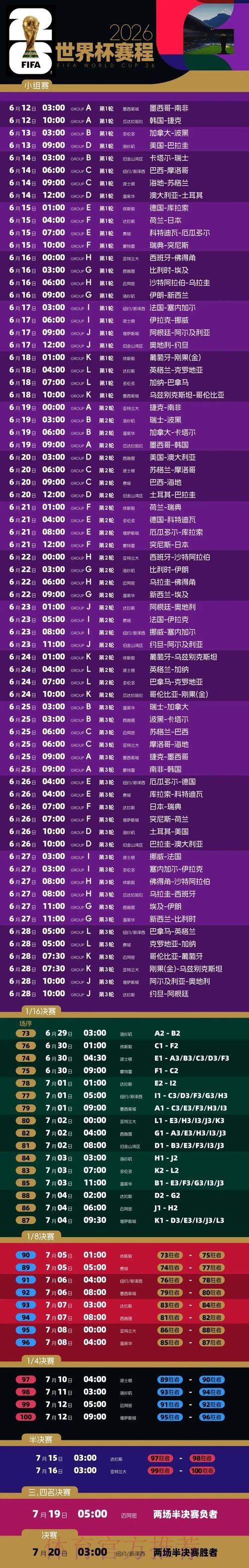 2026世界杯比赛时间详细安排完整安排免费观看 2026世界杯比赛时间详细安排完整安排免费观看