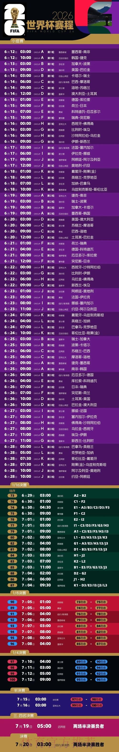 2026世界杯每日赛程高清版全程直播实时查看